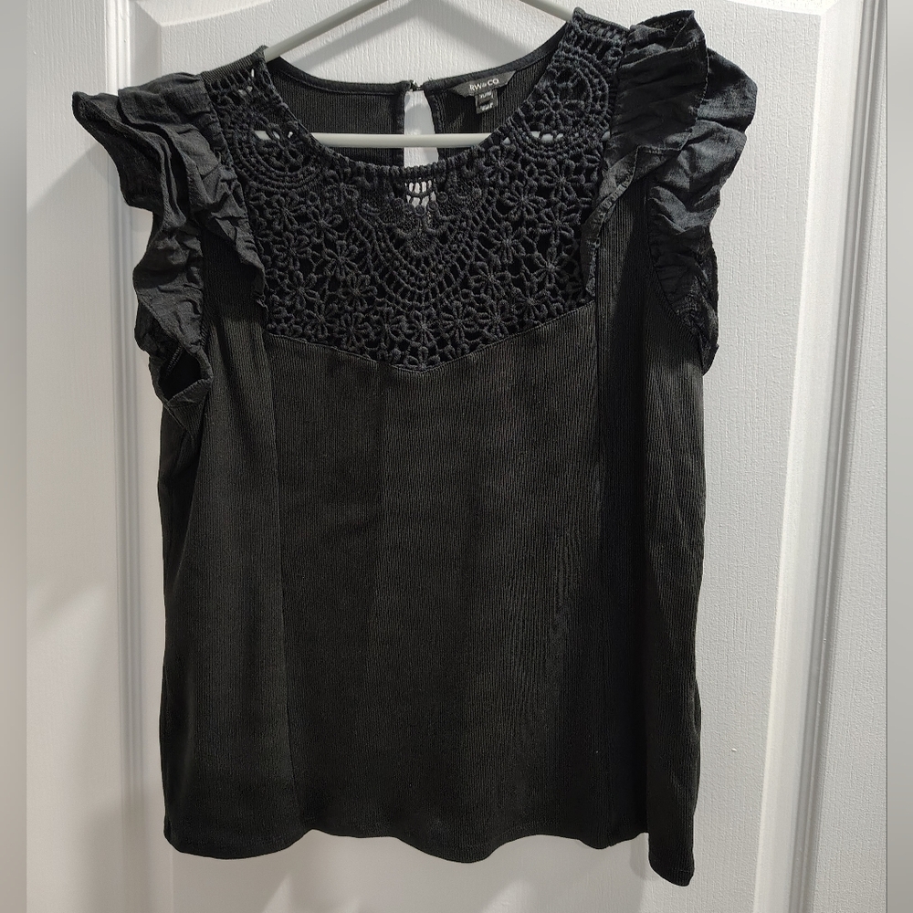 RW&CO. Black Crochet Yoke Ruffle Sleeve Top